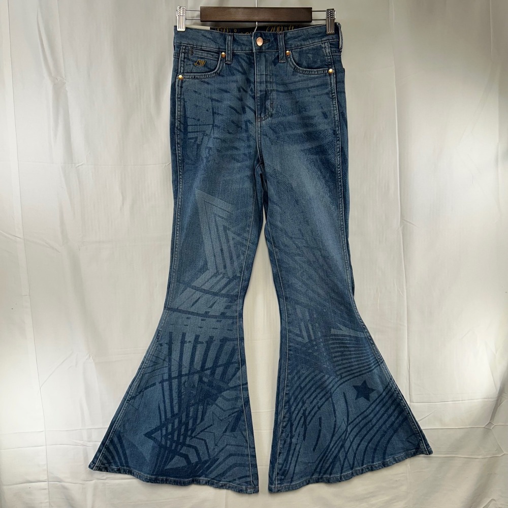 Wrangler Lainey Wilson Jeans Womens 26x32 Blue Star Print Bell Bottom Flare
